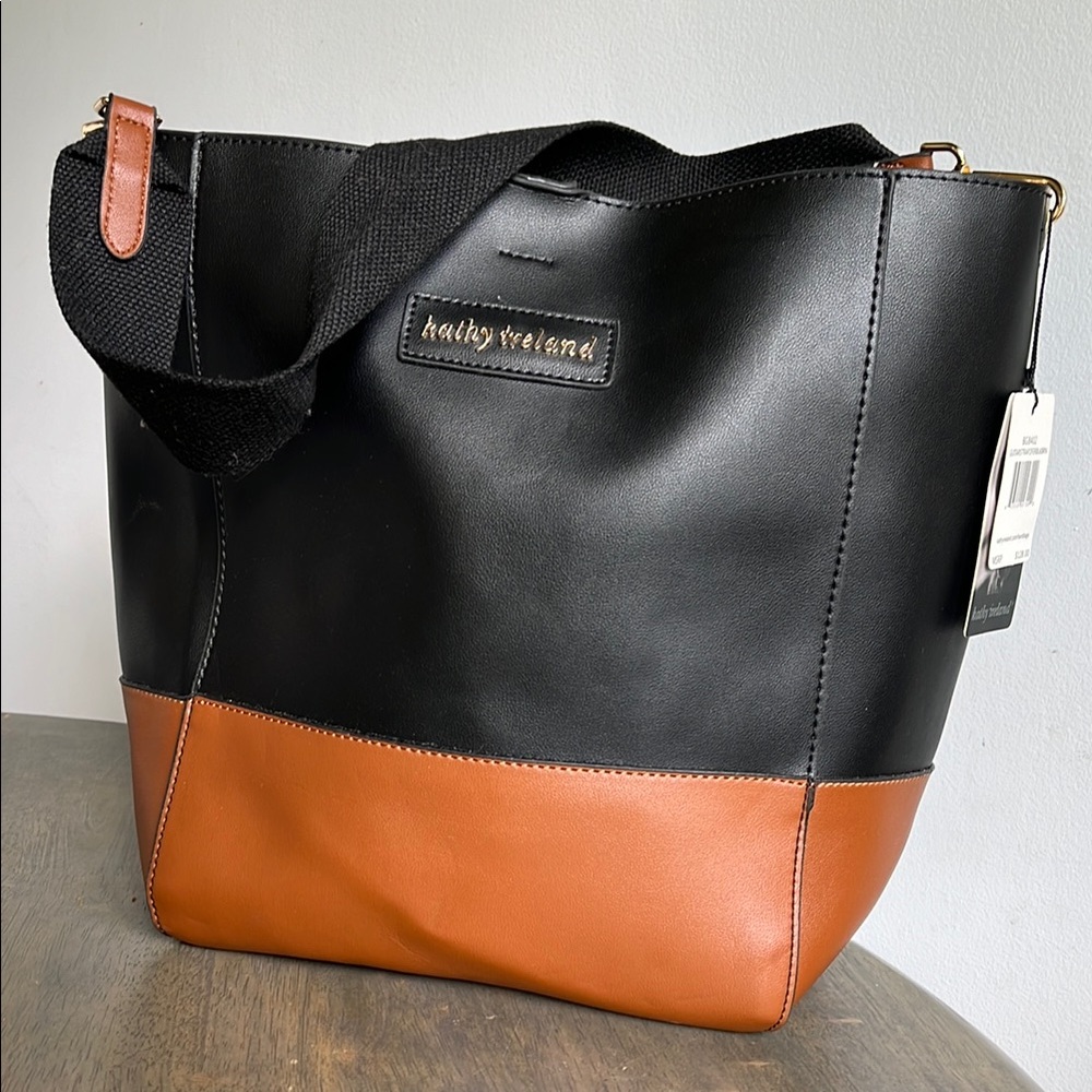 NWT Kathy Ireland Black and Brown Leather Handbag Shoulder Bag Single Strap Tote